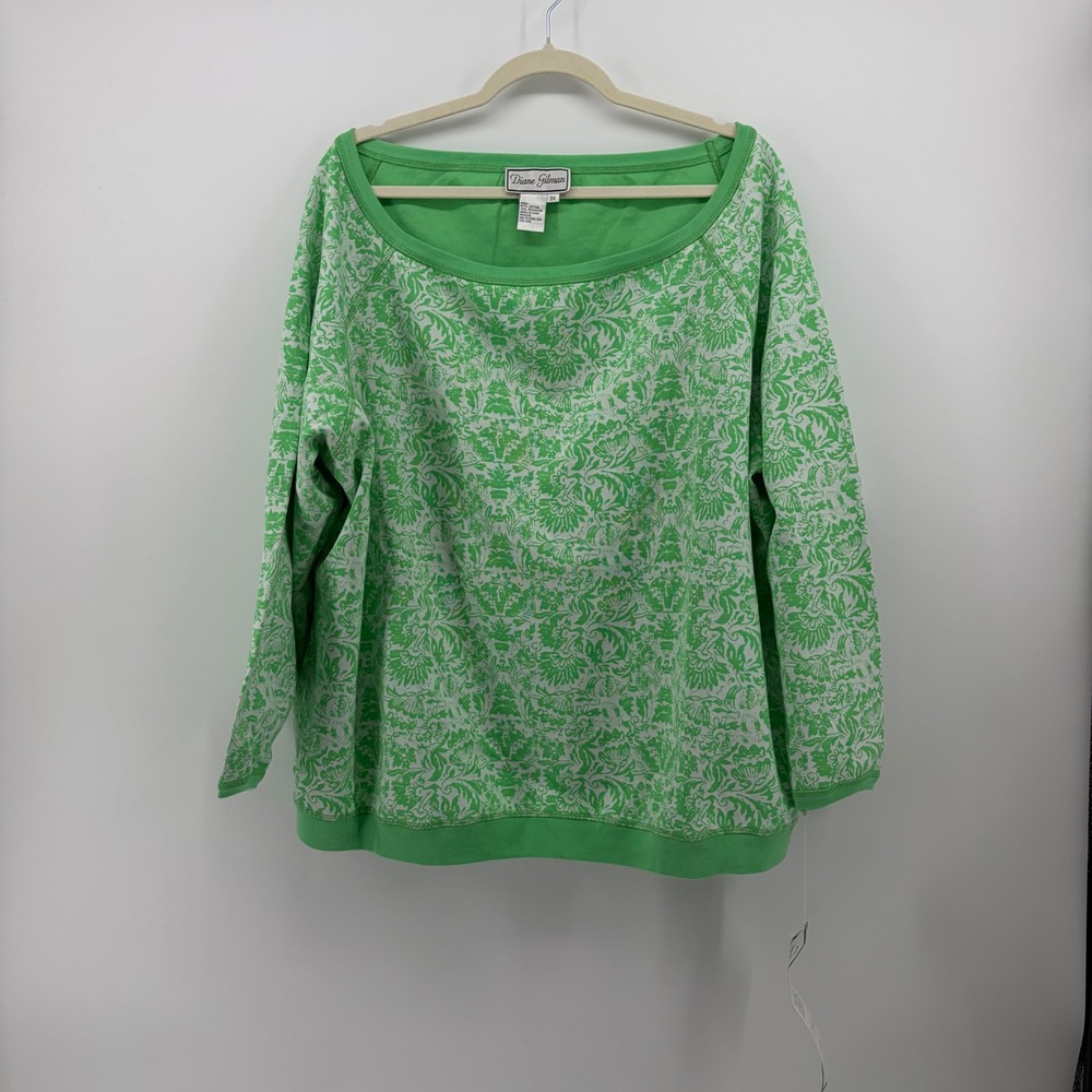 Diane Gilman Womens 3X Green Damask Floral Scoop Neck Raglan Sweatshirt